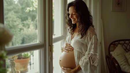 Beautiful pregnant woman standing near the window at home and touching her bellyの素材