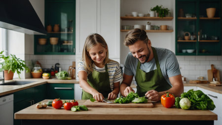 Cute little girl helping her father to prepare salad in the kitchen at homeの素材
