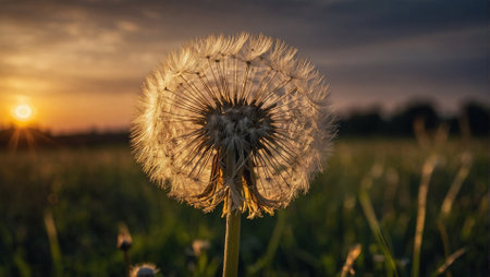 Dandelion flower in the field at sunset. Soft focus.の素材