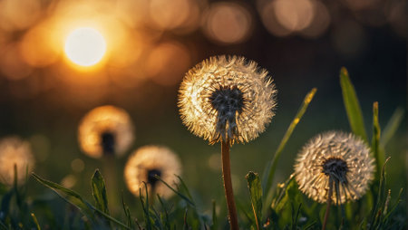 Dandelions in the meadow at sunset. Nature background.の素材
