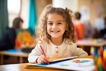 Portrait of cute student drawing with colorful pencils in classroomの素材