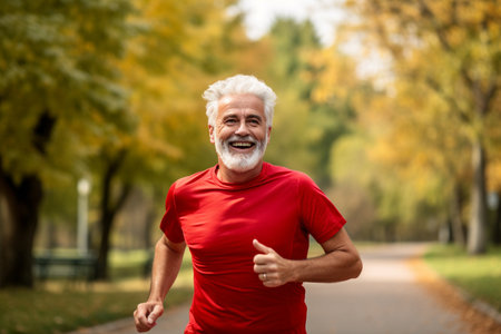 Portrait of smiling senior man jogging in park on a sunny day.の素材