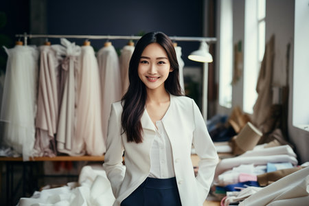 Beautiful woman working as a clothing designer with a business vision Smiling startup and small business entrepreneur with happiness and business growth.の素材