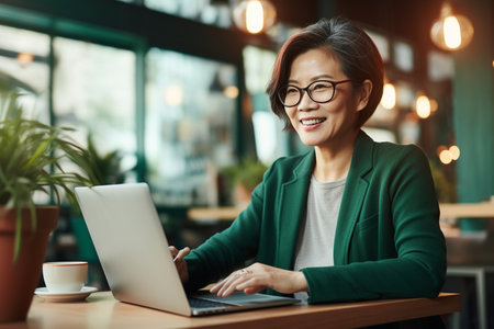 Casual Asian business woman using a laptop computer in the office, entrepreneur. Small business owner doing business online.の素材