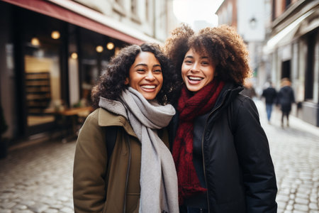 Two happy women friends wearing coats, scarves walking in the cold cityscape.の素材