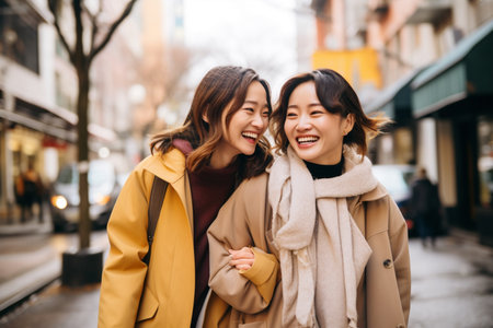 Two happy women friends wearing coats, scarves walking in the cold cityscape.の素材