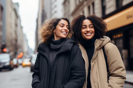 Two happy women friends wearing coats, scarves walking in the cold cityscape.の素材