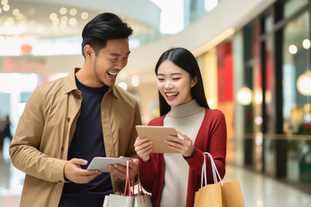 Happy couple using smartphones and shopping bags in mallの素材