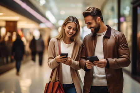 Happy couple using smartphones and shopping bags in mallの素材