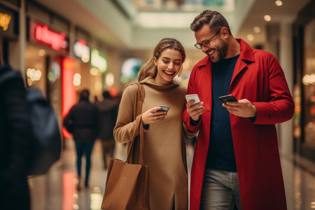 Happy couple using smartphones and shopping bags in mallの素材