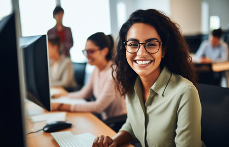 Portrait of young woman working on laptop computer in modern office, Confident  employee smiling happily while working with coworkers.の素材