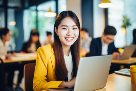 Portrait of young woman working on laptop computer in modern office, Confident  employee smiling happily while working with coworkers.の素材