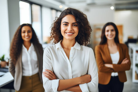 Group of casual business teamwork men and women looking at camera with crossed arms in office, New generation of energetic entrepreneurs concept.の素材