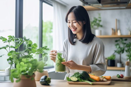 Young Asian woman makes detox fruit and vegetable smoothie at home, Healthy and beauty food concept.の素材