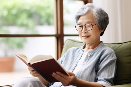 Senior Asian woman relaxing at home Happy elderly woman reading a book sitting on the sofaの素材