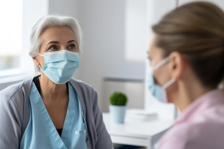 Photo of a doctor giving advice to a patient in the hospitalの素材