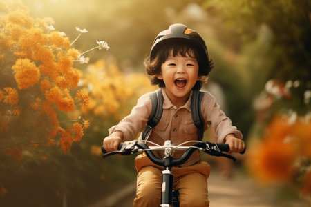 Happy asian kid riding bicycle in the parkの素材