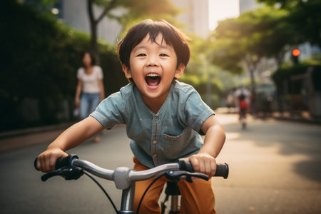 Happy asian kid riding bicycle in the parkの素材