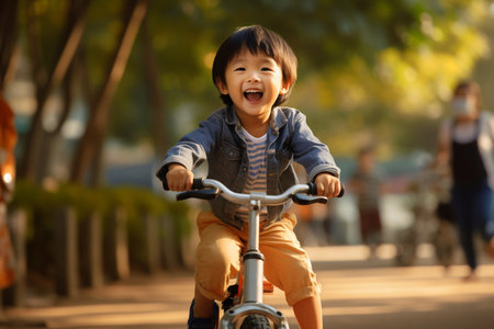 Happy asian kid riding bicycle in the parkの素材