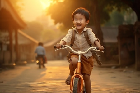 Happy asian kid riding bicycle in the parkの素材