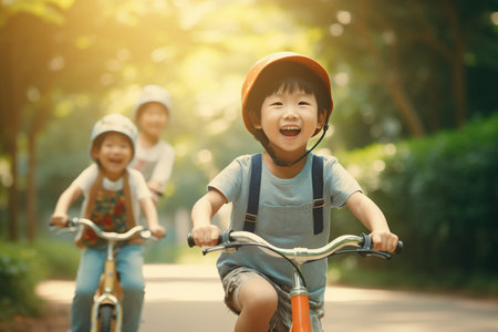Happy asian kid riding bicycle in the parkの素材