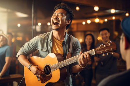 Freelance young male musician singing and playing guitar at gastropubの素材