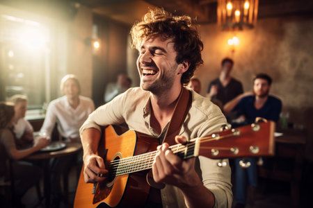 Freelance young male musician singing and playing guitar at gastropubの素材