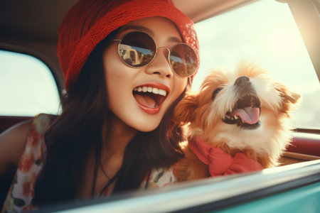 Happy young woman with cute dog driving a car on the way at sunset, travel concept.の素材