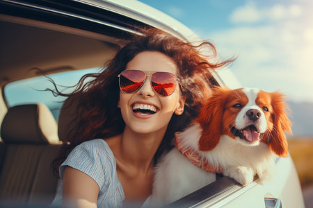 Happy young woman with cute dog driving a car on the way at sunset, travel concept.の素材