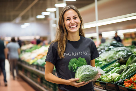 Woman vegan activist happily  while standing in the vegetable section of a supermarket.の素材