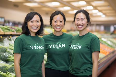 Woman vegan activist happily  while standing in the vegetable section of a supermarket.の素材