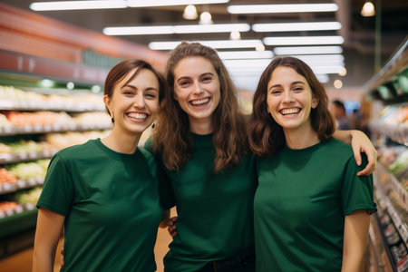 Woman vegan activist happily  while standing in the vegetable section of a supermarket.の素材