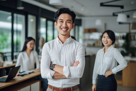 Group of Asian business team standing with arms crossed in modern office.の素材