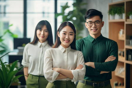 Group of Asian business team standing with arms crossed in modern office.の素材