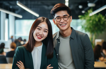 Group of Asian business team standing with arms crossed in modern office.の素材
