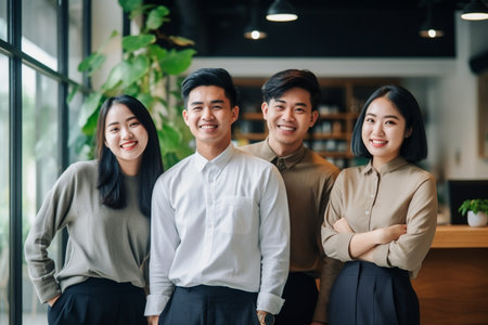 Group of Asian business team standing with arms crossed in modern office.の素材
