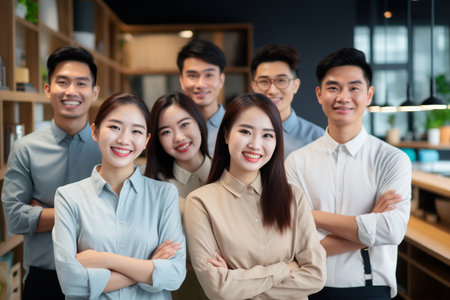Group of Asian business team standing with arms crossed in modern office.の素材