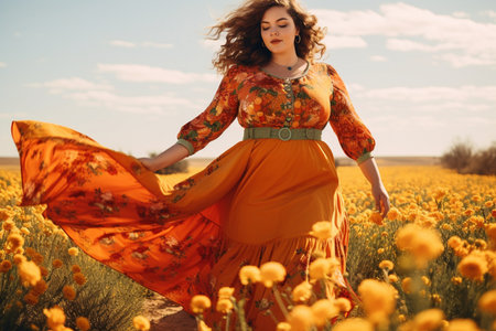 Happy plus size woman wearing Mexican dress at marigold fieldの素材