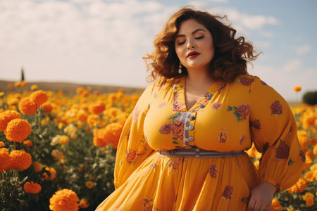 Happy plus size woman wearing Mexican dress at marigold fieldの素材