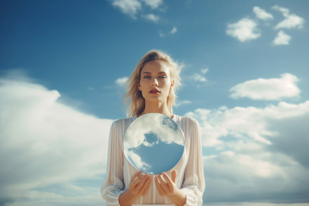 Young woman holding mirror with a reflection of a blue sky and cloudsの素材