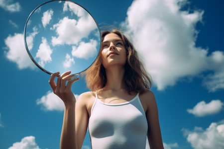 Young woman holding mirror with a reflection of a blue sky and cloudsの素材