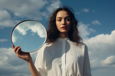 Young woman holding mirror with a reflection of a blue sky and cloudsの素材