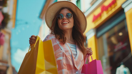happy young woman in hat and sunglasses with shopping bags on city streetの素材