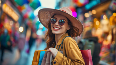 Smiling redhead woman in sunglasses and hat with shopping bags in the city.の素材