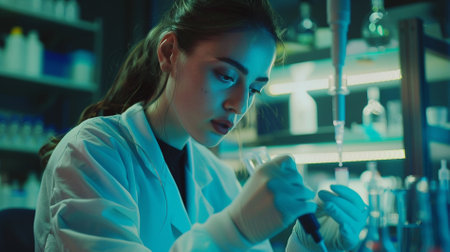 Young female scientist carrying out research in a lab (color toned image; shallow DOF)の素材
