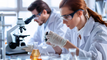 scientists with test tubes and microscope working at laboratory, science research and development conceptの素材