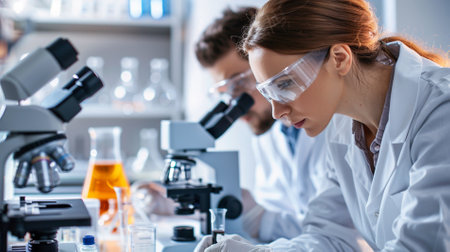 Foto de selective focus of biochemist in protective eyeglasses looking at microscope - Imagen libre de derechos