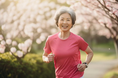 Portrait of smiling senior woman jogging in park on a sunny day.の素材