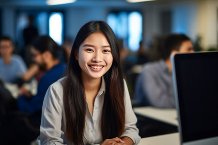 Portrait of young woman working on laptop computer in modern office, Confident  employee smiling happily while working with coworkers.の素材