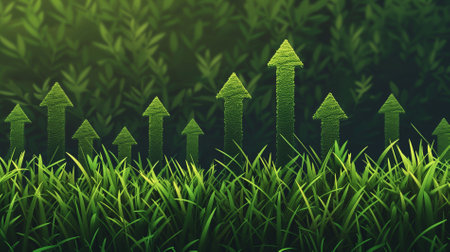 Growing arrow in grass. Business growth concept. 3D Renderingの素材